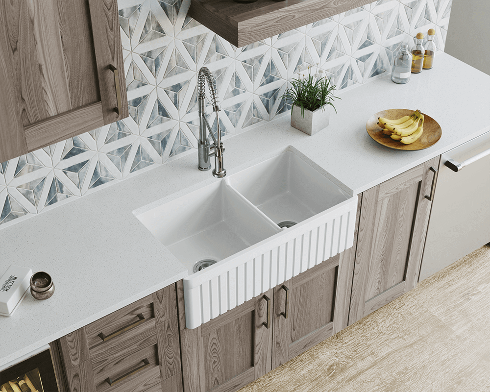 FIRECLAY 33" OFFSET DOUBLE BOWL PORCELAIN APRON SINK