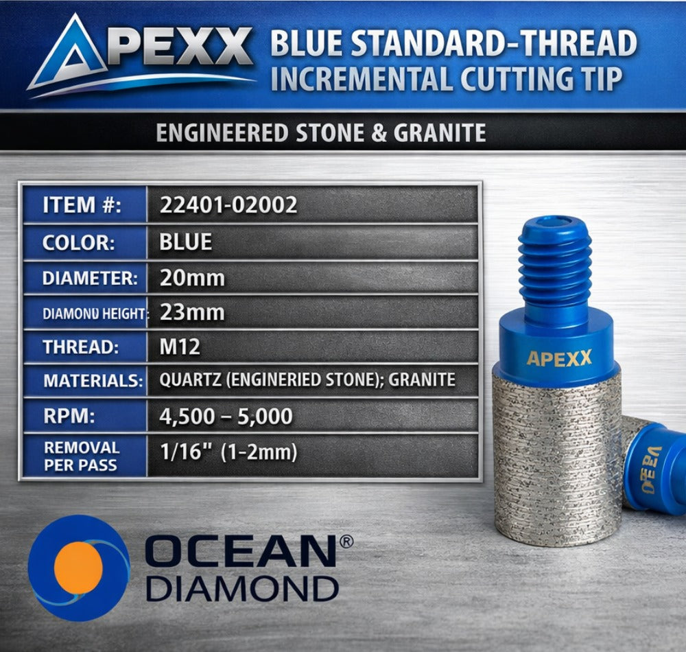 APEXX BLUE STANDARD-THREAD INCREMENTAL CUTTING TIP – ENGINEERED STONE & GRANITE