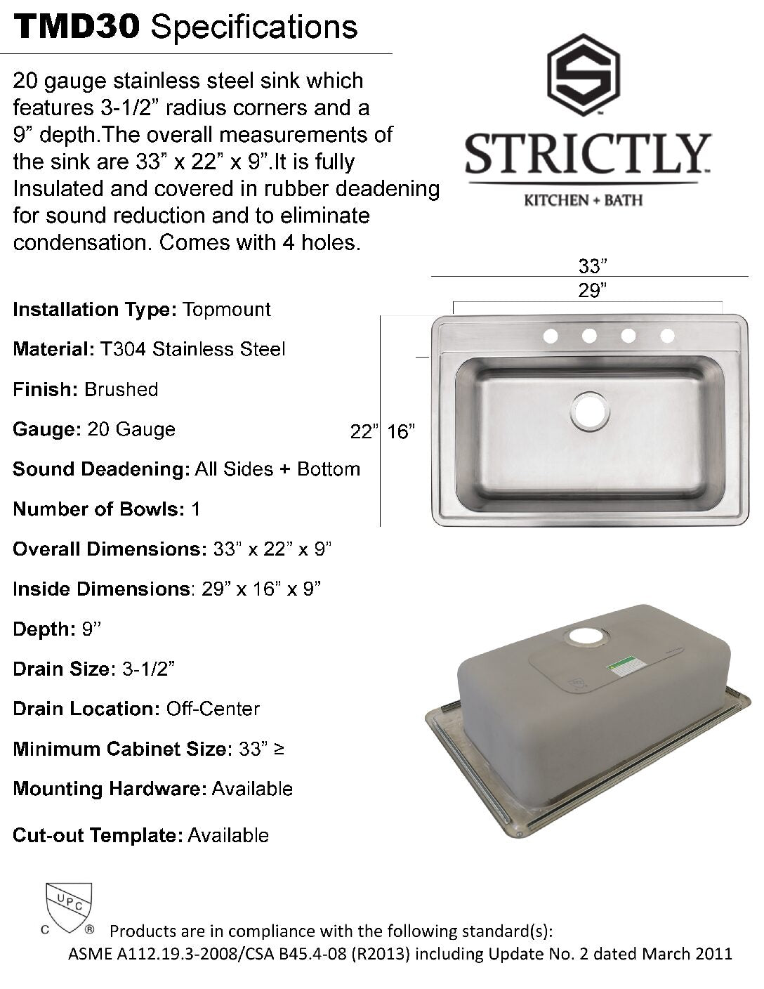 33" x 22" Top Mount Single Bowl Sink